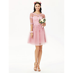 Corte en A Joya Hasta la Rodilla Tul / Encaje floral Vestido de Dama de Honor con Apliques / Plisado por LAN TING BRIDE® / Ilusión / Espalda Abierta Corte en A Joya Hasta la Rodilla Tul / Encaje floral Vestido de Dama de Honor con Apliques / Plisado por LAN TING BRIDE® / Ilusión / Espalda Abierta