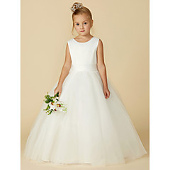 Corte en A Hasta el Suelo Vestido de Niña Florista - Satén / Tul Sin Mangas Joya con Lazo(s) / Botones por LAN TING BRIDE® Corte en A Hasta el Suelo Vestido de Niña Florista - Satén / Tul Sin Mangas Joya con Lazo(s) / Botones por LAN TING BRIDE®