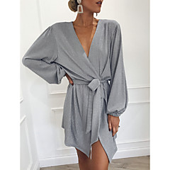 Damen Hemd Kleid - Schleife Rüsche, Solide Übers Knie Tiefes V Damen Hemd Kleid - Schleife Rüsche, Solide Übers Knie Tiefes V