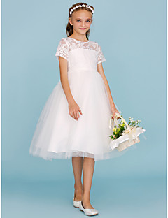 Junior Bridesmaid Dresses Online A Line Princess Crew Neck Knee Length Lace Tulle Junior Bridesmaid Dress With Pleats By Lan Ting Bride Wedding Party See Through