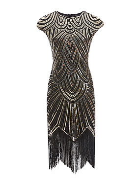 baratos Brinquedos &amp; Hobbies-The Great Gatsby charleston Anos 20 Rugindo 20s Vestido Flapper Vestido Coquetel Vestido de Baile Mulheres Paetês Franjas Ocasiões Especiais Vermelho + preto / Prata / Black / Ouro + Black Vintage