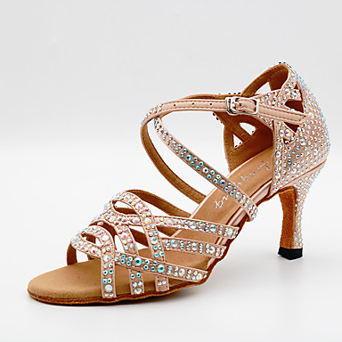 cheap Featured Deals-Women's Dance Shoes Satin Latin Shoes Sparkling Glitter / Crystals Heel Cuban Heel Customizable Black / Almond / Performance / Leather / Practice