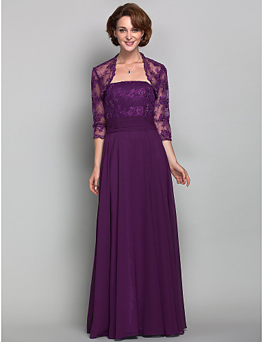 A-Line Strapless Floor Length Chiffon Lace Mother of the Bride Dress ...