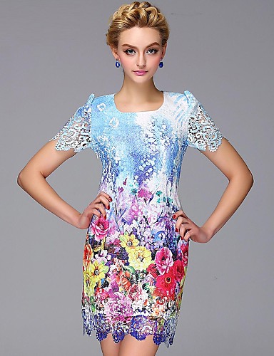 Women's Formal Plus Size Dress,Floral Above Knee ½ Length Sleeve Blue ...
