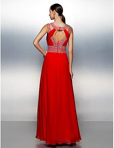 A Line Jewel Neck Floor Length Chiffon Prom Formal Evening Dress With Beading Draping Sash 5939