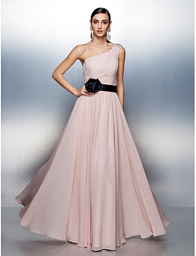 A-Line One Shoulder Floor Length Chiffon Formal Evening Dress with ...
