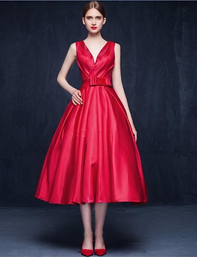 A-Line V-neck Tea Length Matte Satin Cocktail Party Prom Dress with Bow ...