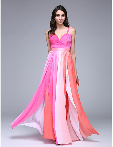 Sheath Column Spaghetti Strap Floor Length Chiffon Prom Formal Evening Dress With Sash 