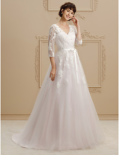 salón escote en pico corte encaje / tul vestidos de novia hechos a