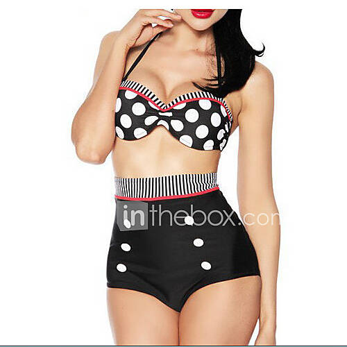 Dames Bandeau Retro Hoge Taille Gestipt Halter Zwart Bikini Zwemkleding Polka Dot Print M L Xl Onderbeugel Beha huismerk kopen in de aanbieding Dames Bandeau Retro Hoge Taille Gestipt Halter Zwart Bikini Zwemkleding Polka Dot Print M L Xl Onderbeugel Beha huismerk kopen in de aanbieding