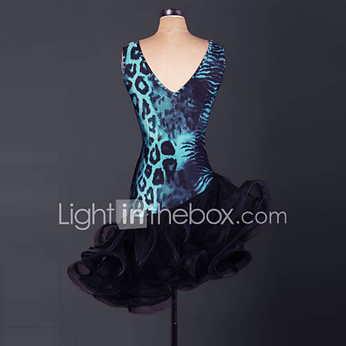 Latin Dans Jurken Dames Prestatie Organza Dierenprint Geplooid Mouwloos Hoog Kleding huismerk kopen in de aanbieding