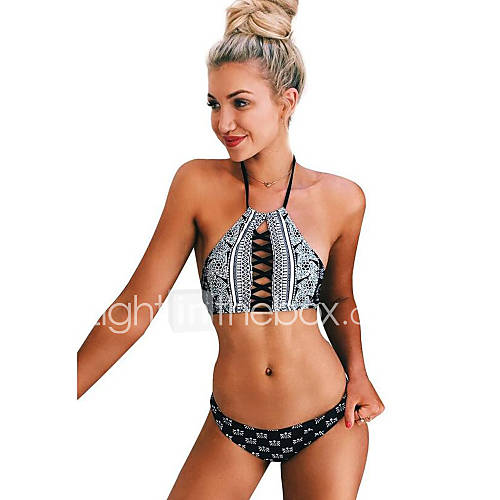 Dames Halter Zwart Underwire Cheeky Bikini Zwemkleding Geometrisch Print M L Xl Sexy huismerk kopen in de aanbieding
