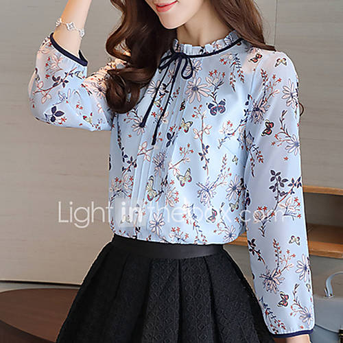 Dames Bloem Met Ruches Blouse Werk Bloemen Opstaand Blauw L Lente Zomer Ruche huismerk kopen in de aanbieding