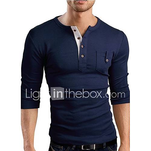 Heren T Shirt Katoen Sport Effen V Hals Slank Marineblauw L Lange Mouw huismerk kopen in de aanbieding