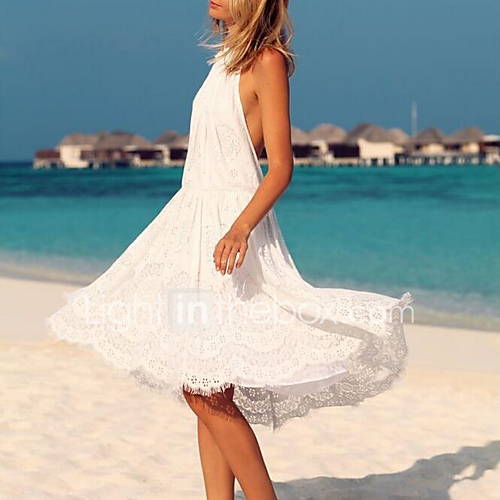 Dames Uitgaan Katoen Kant Jurk Effen Bloemen Bandje Tot De Knie Blote Rug huismerk kopen in de aanbieding