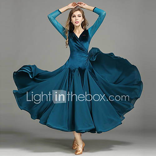 Ballroomdansen Dames Prestatie Chiffon Fluweel Geplooid Lange Mouw Kleding huismerk kopen in de aanbieding