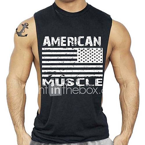 Heren Actief Racerback Print T Shirt Katoen Sport Strand Letter Ronde Hals Marineblauw L Mouwloos Zomer huismerk kopen in de aanbieding