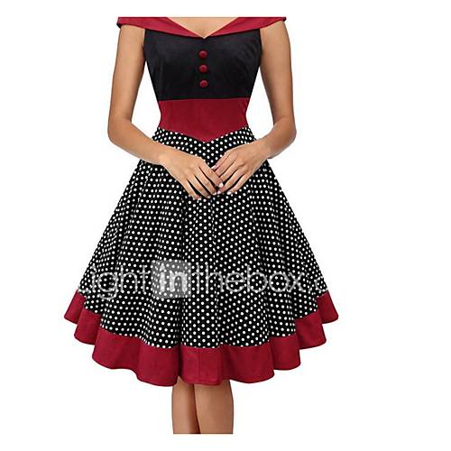 Dames Feest Uitgaan Katoen A Lijn Schede Jurk Polka Dot Kleurenblok V Hals Boven De Knie Schouderafhangend huismerk kopen in de aanbieding