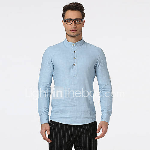 Heren Standaard Overhemd Linnen Effen Opstaand Marineblauw L Lange Mouw Lente Herfst huismerk kopen in de aanbieding