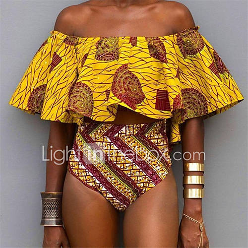 Dames Schouderafhangend Ruche Hoge Taille Boho Geel Bikini Zwemkleding Tribal Print M L Xl huismerk kopen in de aanbieding Dames Schouderafhangend Ruche Hoge Taille Boho Geel Bikini Zwemkleding Tribal Print M L Xl huismerk kopen in de aanbieding