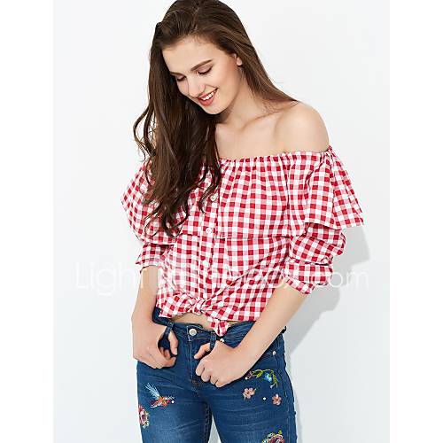 Dames Ruche Overhemd Katoen Ruitjes Schouderafhangend Rood M Sexy huismerk kopen in de aanbieding