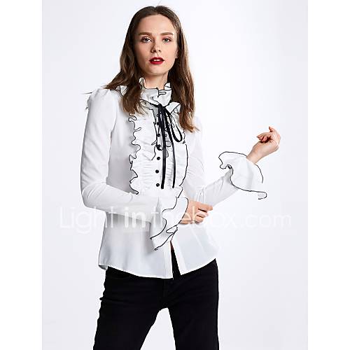 Dames Strik Ruche Overhemd Effen Opstaand Wit M Lente Herfst huismerk kopen in de aanbieding