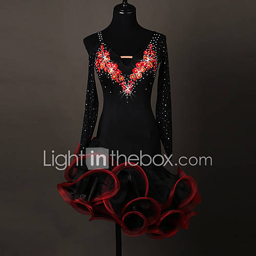 Latin Dans Dames Spandex Organza Kristallen Bergkristallen Lange Mouw Kleding huismerk kopen in de aanbieding