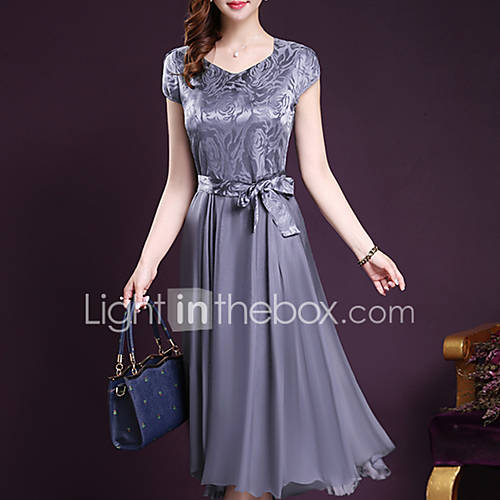 Dames Grote Maten Uitgaan Chiffon Wijd Uitlopend Jurk Effen Strik V Hals Midi huismerk kopen in de aanbieding