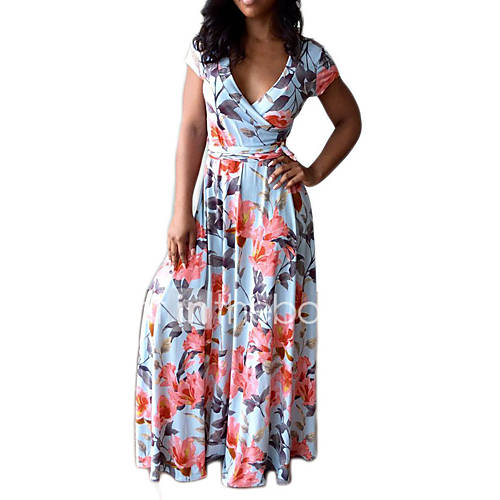 Dames Boho Schede Jurk Bloemen Geplooid Retro V Hals Maxi huismerk kopen in de aanbieding