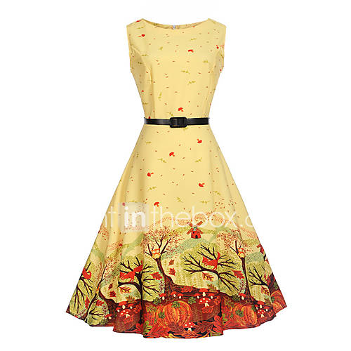 Dames Feestdagen Werk Vintage Katoen A Lijn Jurk Bomen Bladeren Print Tot De Knie huismerk kopen in de aanbieding