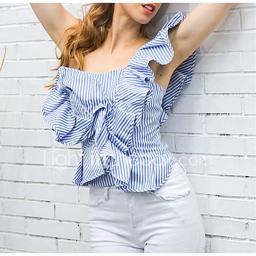 Dames Blouse Katoen Gestreept Een Schouder Blauw M Zomer Fine Stripe huismerk kopen in de aanbieding