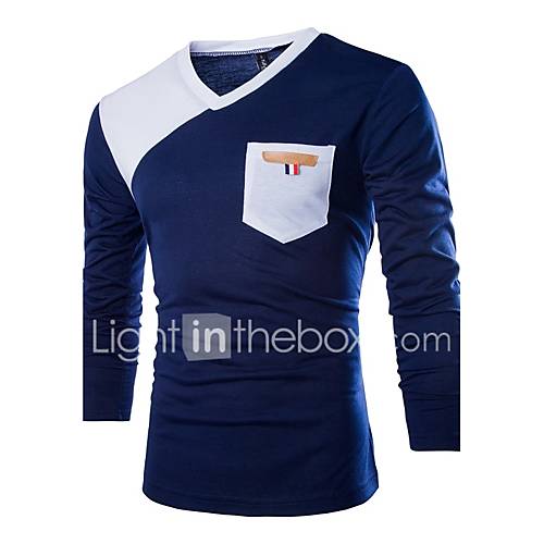 Heren T Shirt Katoen Kleurenblok V Hals Blauw Wit L Lange Mouw Zomer huismerk kopen in de aanbieding