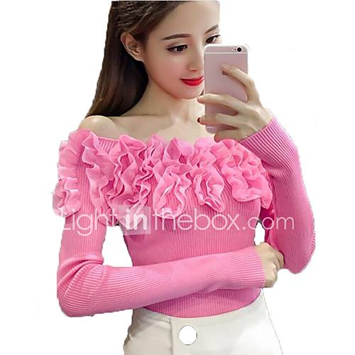 Dames Dagelijks Ruche Jacquard Effen Lange Mouw Normaal Pullover Boothals Herfst Katoen Zwart Blozend Roze Geel Een Maat huismerk kopen in de aanbieding