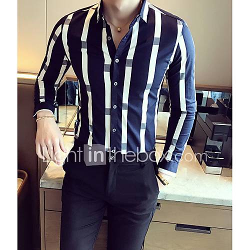 Heren Print Overhemd Katoen Gestreept Slank Wit L Lange Mouw Herfst huismerk kopen in de aanbieding