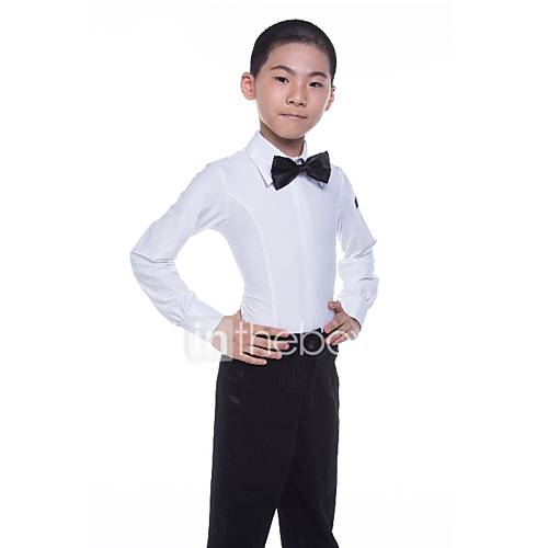 Latin Dans Tops Jongens Prestatie Spandex Satijnen Strik Lange Mouw Natuurlijk Top huismerk kopen in de aanbieding