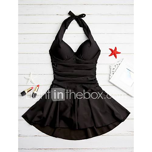 Dames Ruches Halter Zwart Rood Marineblauw Eendelig Zwemkleding Effen L Xl Xxl huismerk kopen in de aanbieding