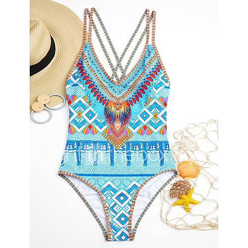 Dames Boho Halter Blauw Eendelig Zwemkleding Tribal Print M L Xl huismerk kopen in de aanbieding