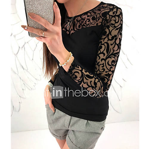 Dames Street Chic Geborduurd T Shirt Uitgaan Effen Zwart M Lente Herfst Kant huismerk kopen in de aanbieding