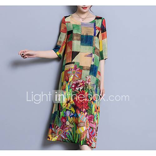 Dames Grote Maten Chinoiserie Ruimvallend Jurk Kleurenblok Patchwork Je Hals Midi huismerk kopen in de aanbieding