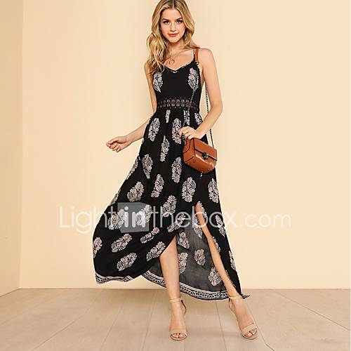 Dames Feestdagen Street Chic Katoen Slank Wijd Uitlopend Jurk Bomen Bladeren Print V Hals Maxi Sexy huismerk kopen in de aanbieding