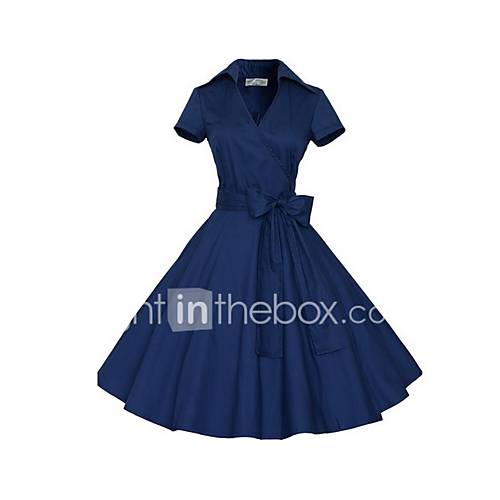Dames Vintage Jaren 50 Ruimvallend A Lijn Jurk Effen V Hals Tot De Knie Blauw Sexy huismerk kopen in de aanbieding