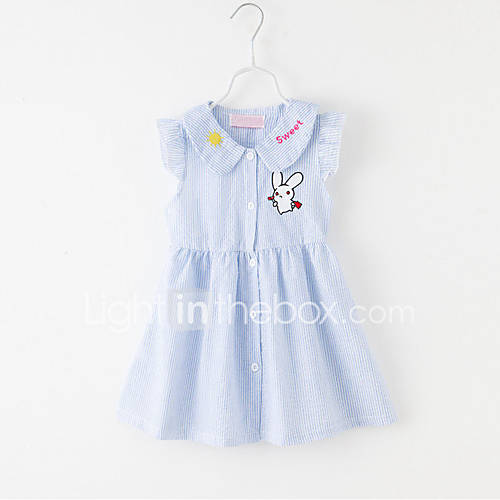 Peuter Meisjes Dagelijks Gestreept Geborduurd Mouwloos Katoen Jurk Blauw Schattig huismerk kopen in de aanbieding