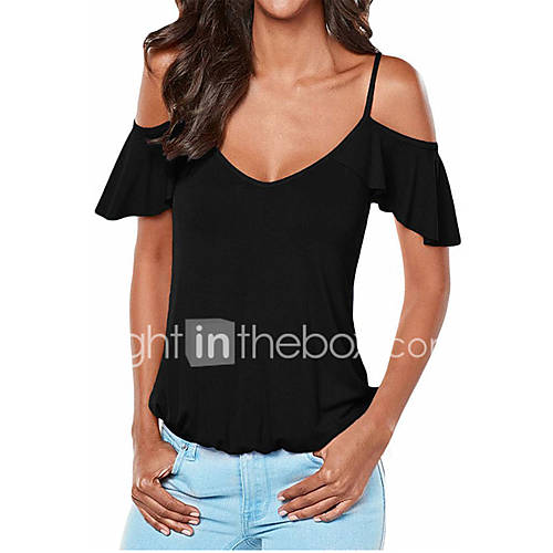 Dames Boho Ruche T Shirt Katoen Feestdagen Effen V Hals Slank Zwart M Lente Zomer Sexy huismerk kopen in de aanbieding