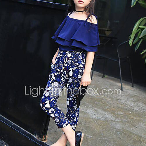 Kinderen Meisjes Bloemen Halve Mouw Normaal Katoen Kledingset Marineblauw huismerk kopen in de aanbieding