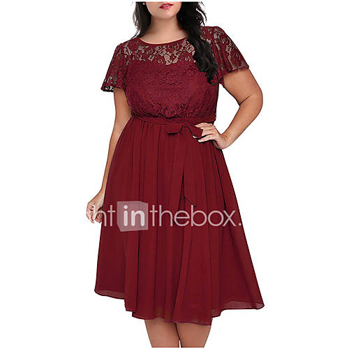 Dames Verfijnd Elegant A Lijn Chiffon Jurk Effen Kant Veters Patchwork Tot De Knie huismerk kopen in de aanbieding