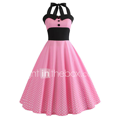 Dames Uitgaan Vintage Katoen A Lijn Jurk Polka Dot Print Halter Tot De Knie huismerk kopen in de aanbieding