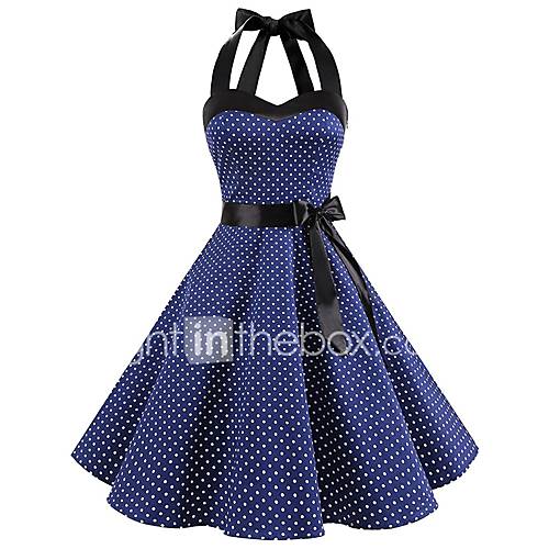 Dames Feest Vintage Schattig Katoen Slank A Lijn Jurk Polka Dot Print Tot De Knie huismerk kopen in de aanbieding