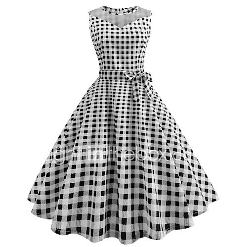 Dames Uitgaan Vintage Katoen Slank Wijd Uitlopend Jurk Blokken Print Tot De Knie huismerk kopen in de aanbieding