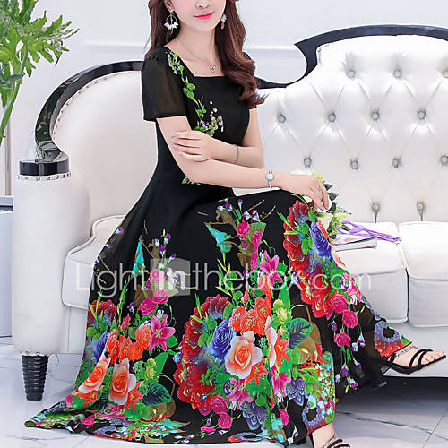 Dames Grote Maten Uitgaan Wijd Uitlopend Jurk Bloemen Print Vierkante Hals Midi huismerk kopen in de aanbieding