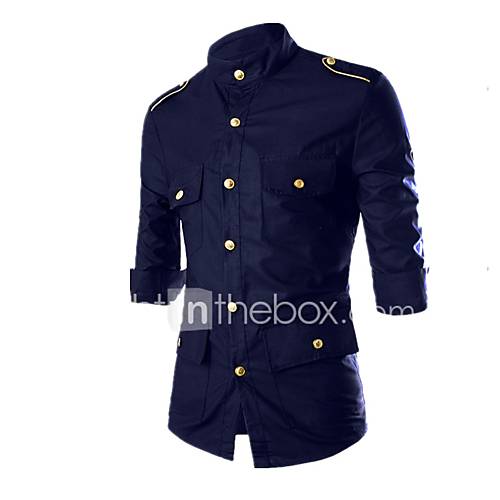 Heren Standaard Militair Overhemd Katoen Effen Slank Zwart L Opstaand Lange Mouw huismerk kopen in de aanbieding